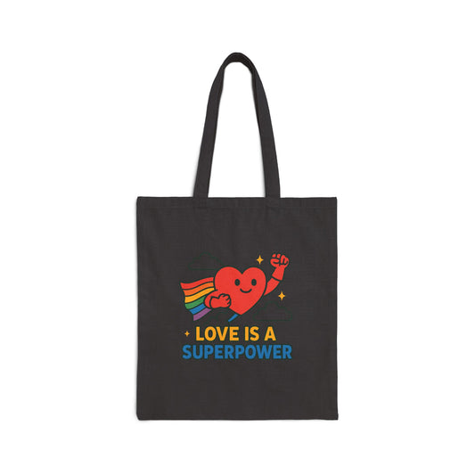 Canvas Tote Bag (Love is a Superpower) Reusable Eco-Friendly Shopping Bag | Gift for LGBTQ+ | Beach, Market, Everyday Use
