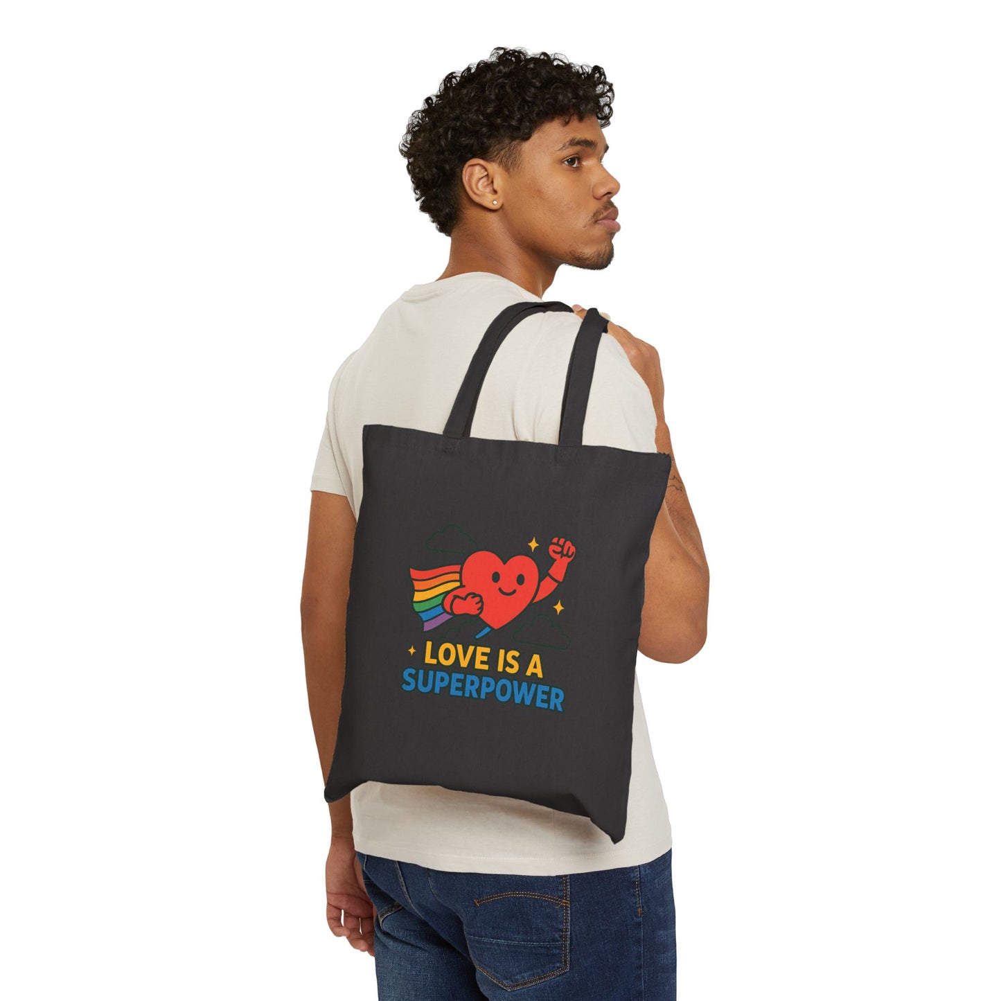Canvas Tote Bag (Love is a Superpower) Reusable Eco-Friendly Shopping Bag | Gift for LGBTQ+ | Beach, Market, Everyday Use