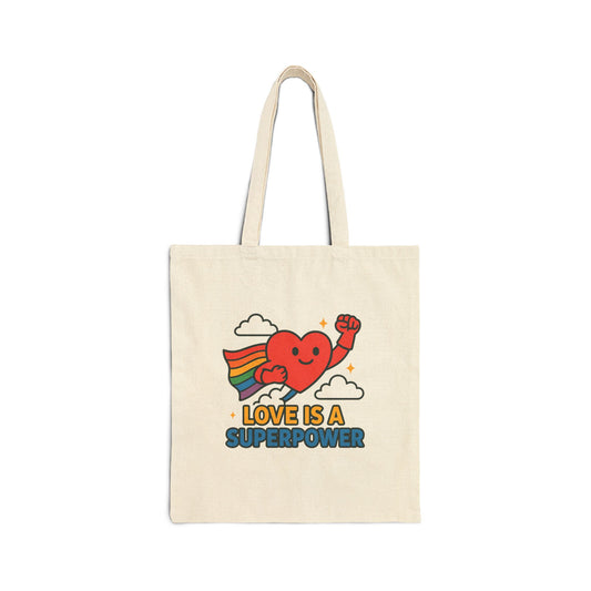 Canvas Tote Bag (Love is a Superpower) Reusable Eco-Friendly Shopping Bag | Gift for LGBTQ+ | Beach, Market, Everyday Use