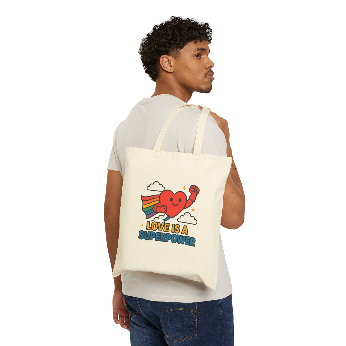 Canvas Tote Bag (Love is a Superpower) Reusable Eco-Friendly Shopping Bag | Gift for LGBTQ+ | Beach, Market, Everyday Use